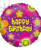 Folie ballon gefeliciteerd happy birthday bloemen 46 cm met helium gevuld