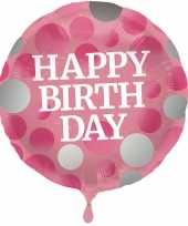 Folie ballon gefeliciteerd happy birthday roze met stippen 45 cm met helium gevuld